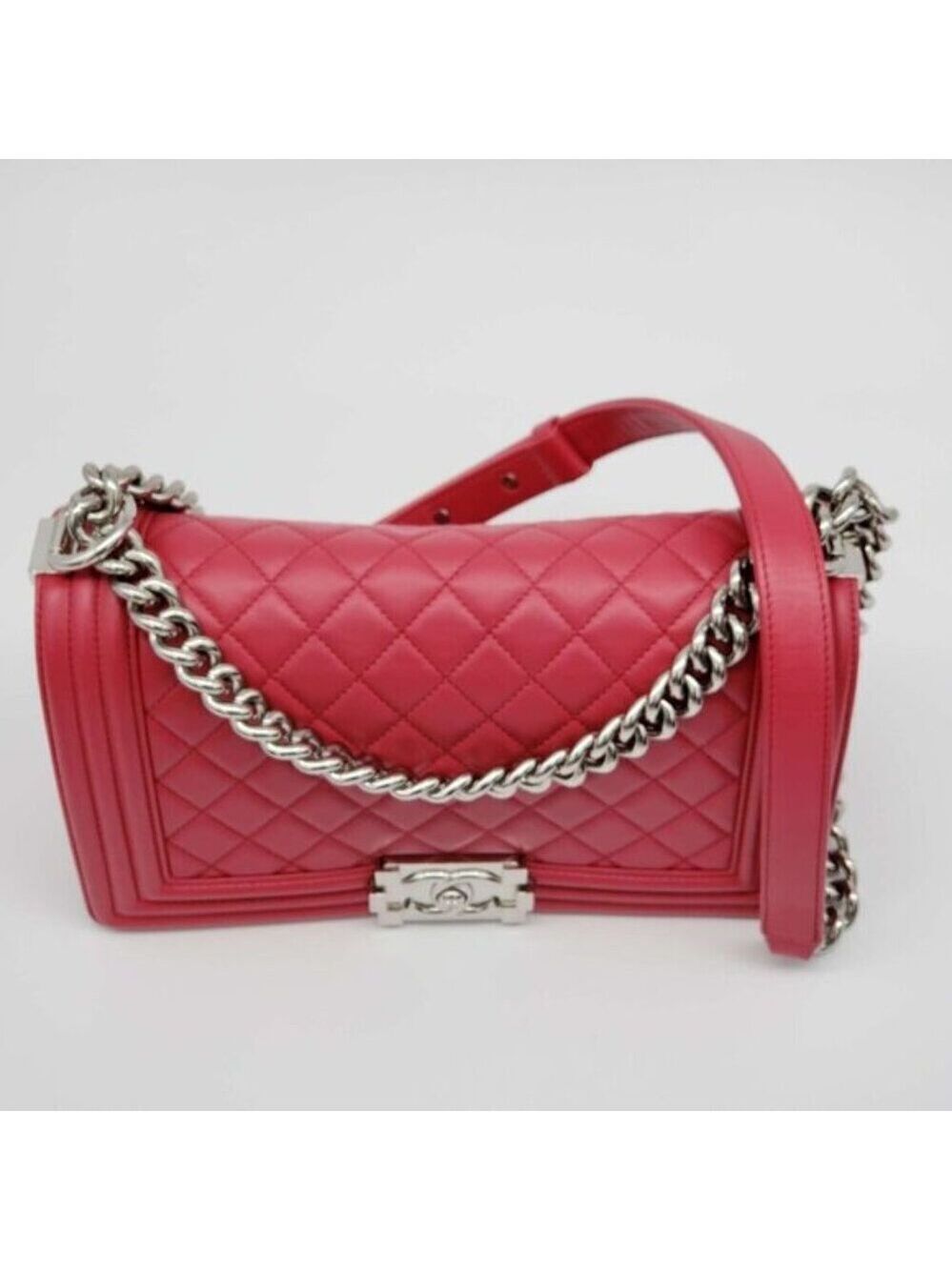 Authentic Chanel Boy Bag Red Quilted Leather Medium Flap Silver Chain CC Logo - Picture 3 of 16